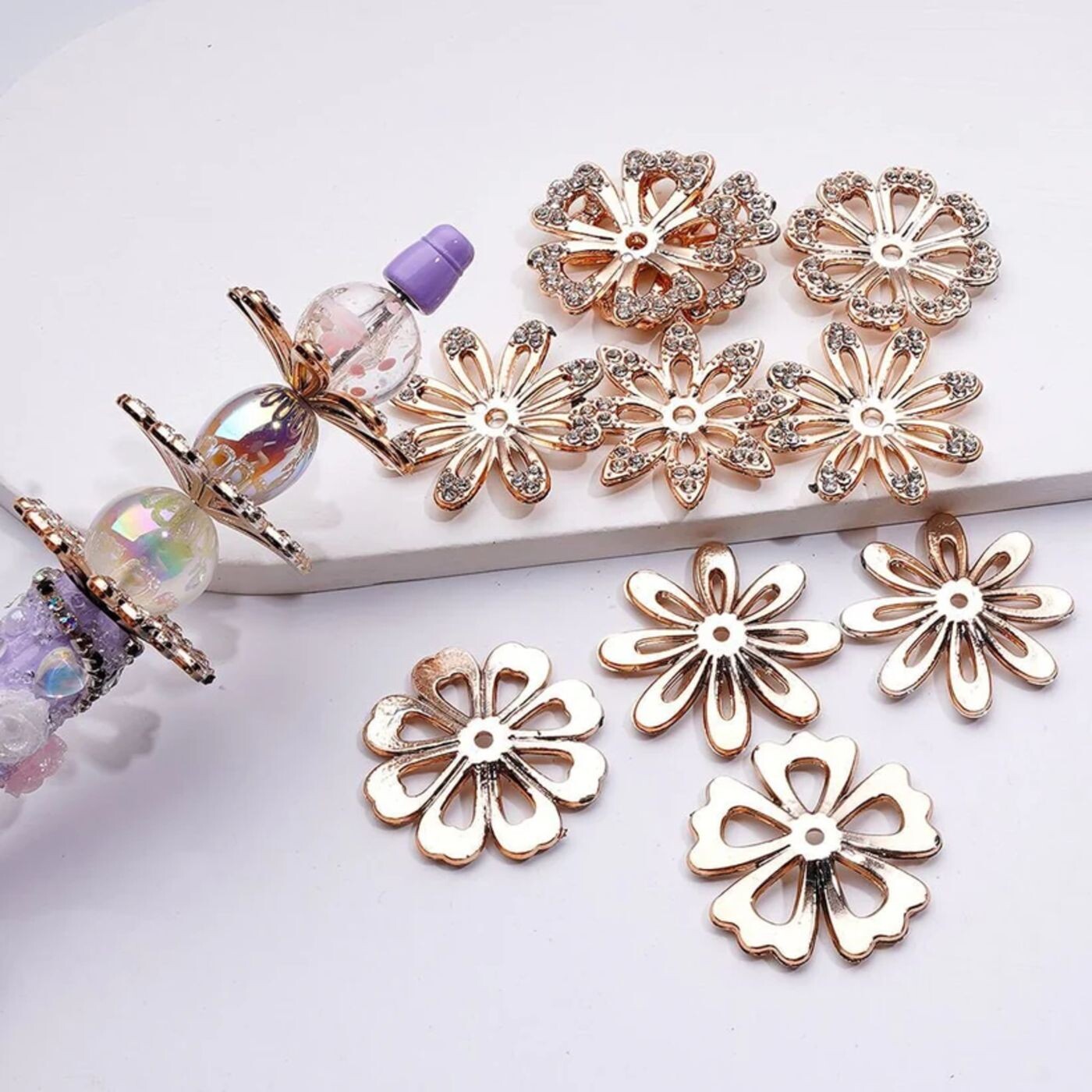 Gold Acrylic Small Petal Flower with Clear Rhinestones Jewelry Accessories Spacer, Around 32MM, Random Mix episode artwork