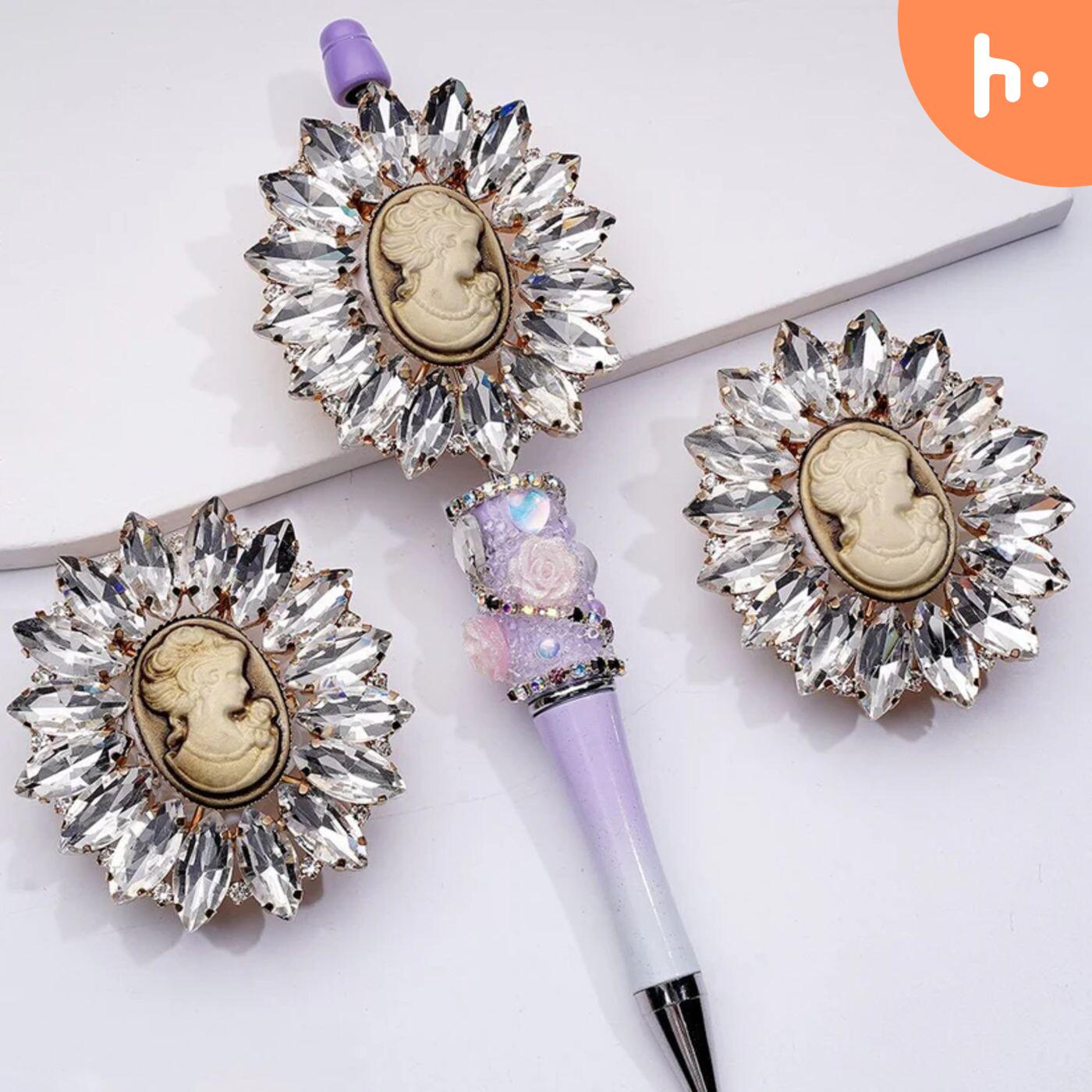 Fancy Gold Alloy Vintage Brooch with Ring Baroque Girl Portrait Clear Shiny Rhinestones Cute Butterflies Hearts Snowflakes Clay Beads, 48*53MM podcast artwork