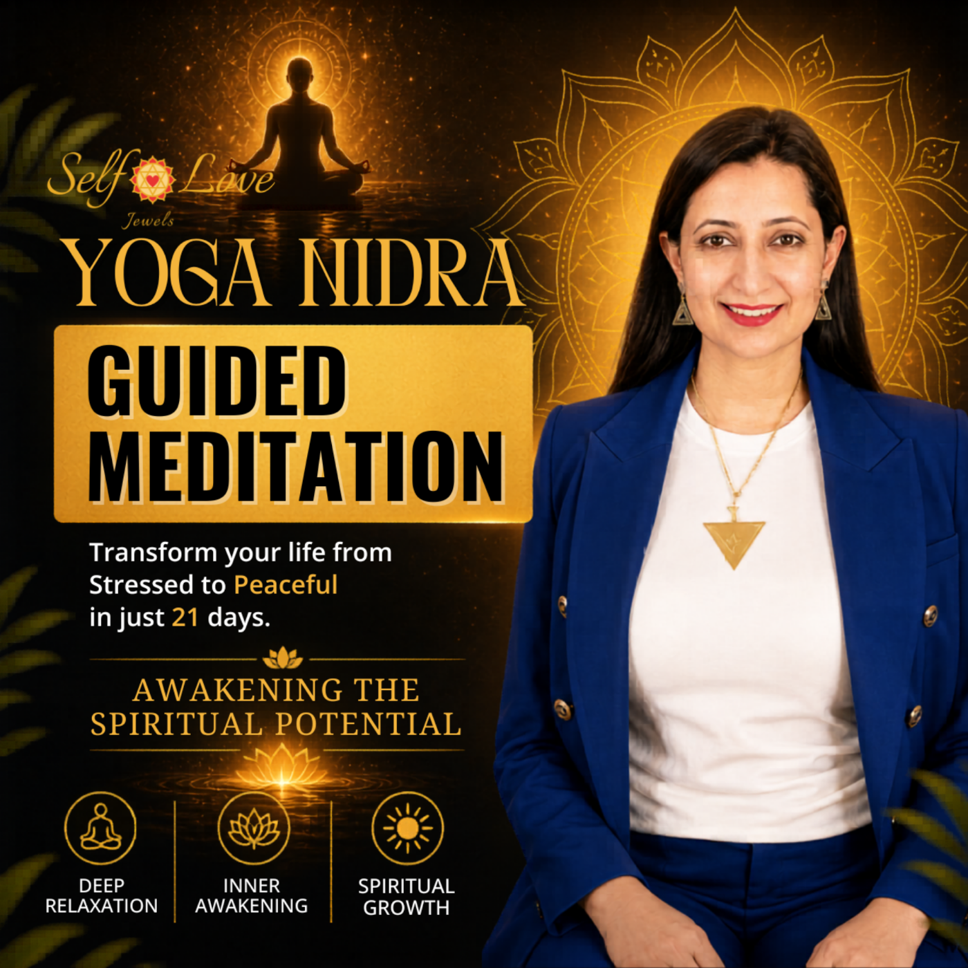 Yoga Nidra Guided Meditation for Success & Happiness by Aaira Kaurr. Change your life in 21 days. episode artwork